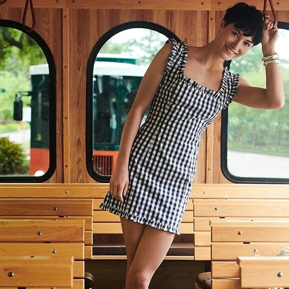 J Crew NWT Ruffle-trim Stretch Cotton Poplin Mini Dress in Gingham Navy size 6 - Picture 11 of 11